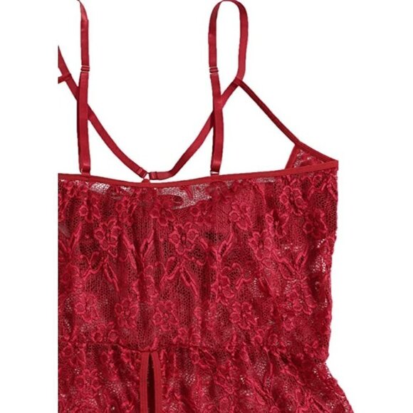 Front Bow Cover Red Teddy Lingerie One Piece Floral Lace Bodysuit Babydoll NWT - Picture 5 of 9